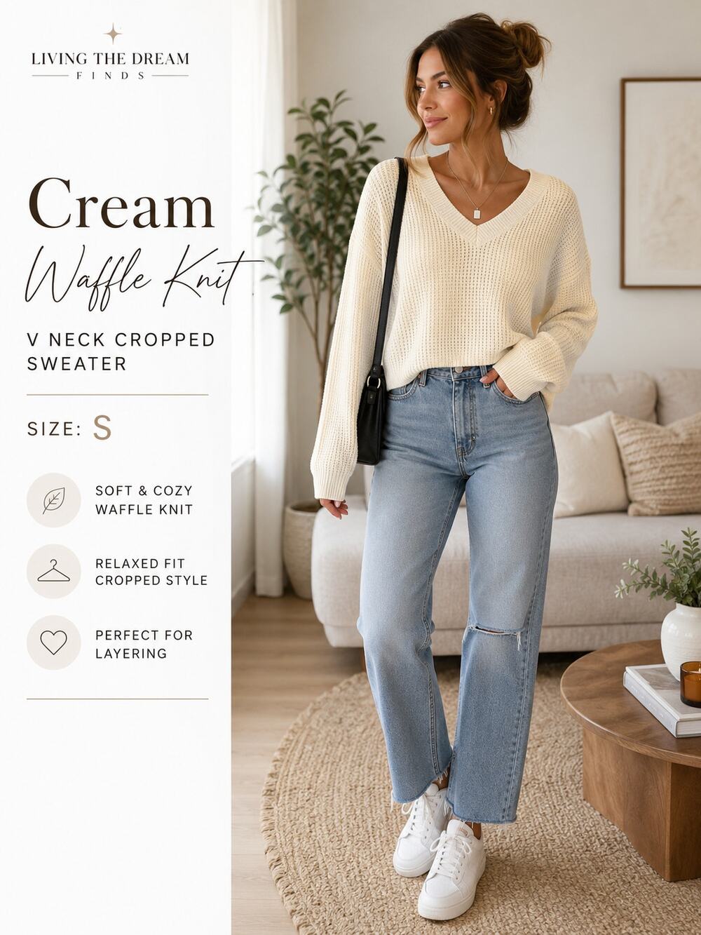 Women's Cream Waffle Knit V Neck Cropped Sweater Size S Soft Cozy Long Sleeve